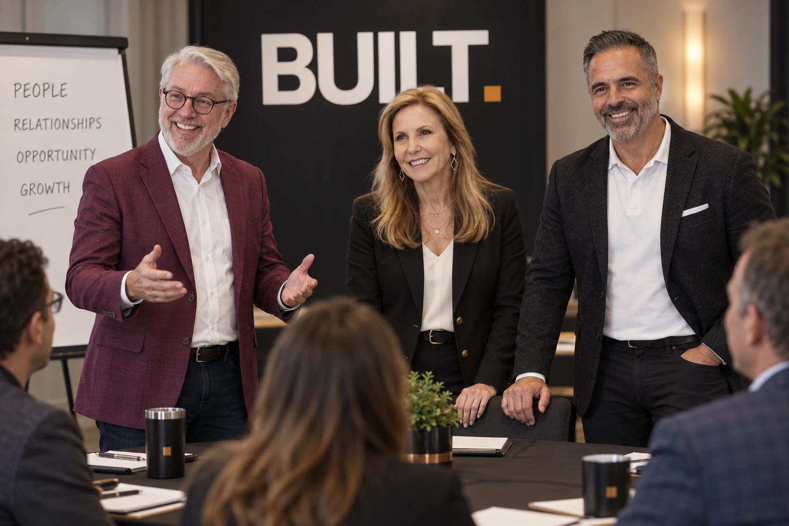 AI-generated promotional workshop scene with the BUILT principals.